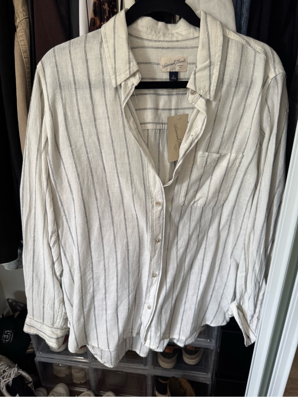 Universal Thread Men's Cream Button-Up Shirt with Thin Gray Stripes